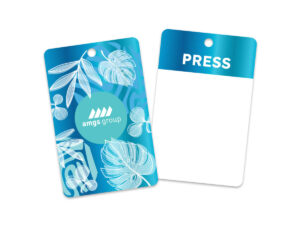 Blue PVC ID card with press badge print – personalized plastic card for events.