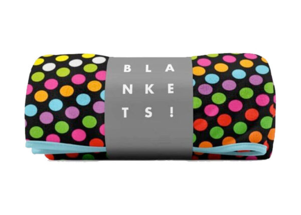 Rolled fleece blanket with sublimation printing. This blanket features colorful polka dots, is warm and durable. One side is fully customizable. AMGS Group.