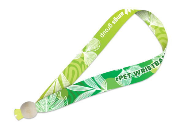 Green eco-friendly rPET promotional wristband with botanical patterns and custom logo print – perfect for large-scale events.