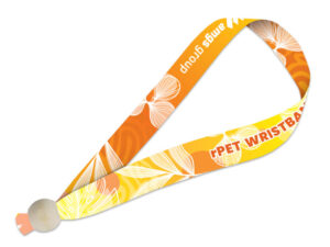 Colorful orange rPET wristband with custom print and bead lock – eco-friendly branding accessory.