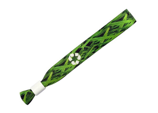 Green rPET wristband with full-color sublimation print – sustainable promo item for eco campaigns.
