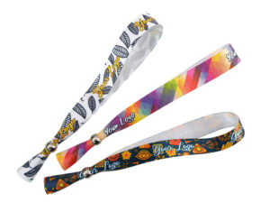 Satin wristbands with full-color sublimation print for promotional and event use. From AMGS Group.