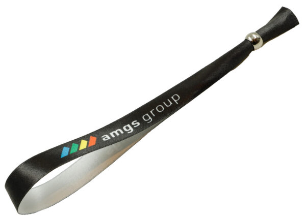 Elegant black satin wristband with AMGS Group logo and metal bead closure for VIP guests. AMGS Group.