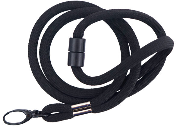 Black tubular lanyard with safety breakaway, made of round polyester strap with sublimation print from AMGS Group.