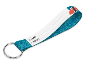 Blue and white rPET keychain with a writable area for name and phone number – ideal for bags, suitcases, or student use. AMGS Group.