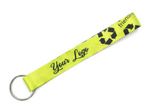 Neon yellow rPET keychain with black graphics. Available at AMGS Group.
