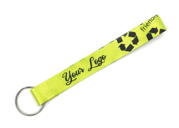 Neon yellow rPET keychain with black graphics. Available at AMGS Group.