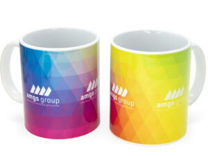 Branded ceramic mug with sublimation logo from AMGS Group in multicolor gradient patterns.
