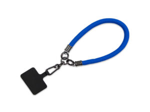 Personalized short tubular lanyard with print. Ideal for the wrist, blue. For phone use. Available at AMGS Group.
