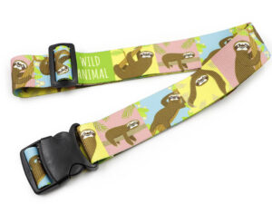 Colorful personalized luggage strap with a playful sloth design, perfect for branding and travel. The strap features a mix of pastel colors and the phrase “Wild Animal” for a fun, eye-catching look. Made from high-quality ribbed polyester. AMGS Group.