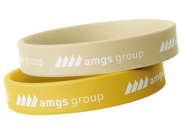 Yellow silicone wristband with debossed text – personalized promotional bracelet.