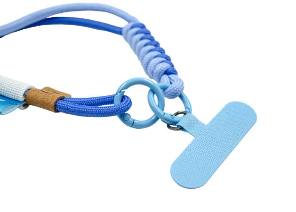 Short braided paracord lanyard closeup and details on rings and phone holder. Color available from the Pantone palette (blue). Available at AMGS Group.