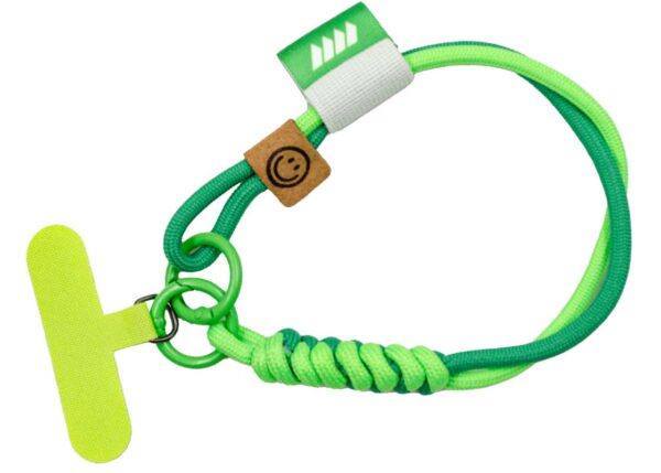 Green short braided paracord lanyard with a metal rings and a phone holder Pantone pallete.. Available at AMGS Group.