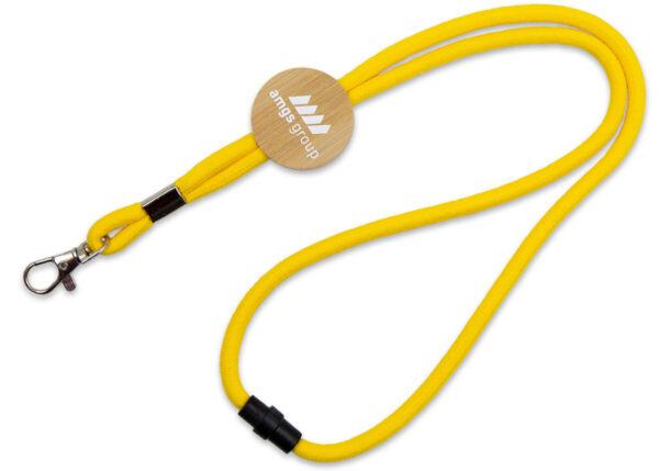 Lanyard made of cotton cord with a wooden tag and safety breakaway in yellow. Available at AMGS Group.