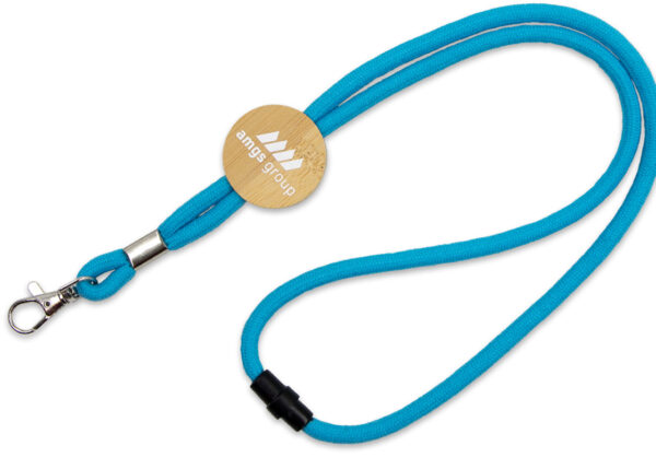 Eco-friendly cotton lanyard featuring a wooden tag, safety breakaway, and durable metal carabiner. Perfect for sustainable branding.