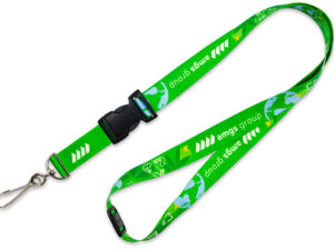 Green seamless rPET lanyard with sublimation printing and safety breakaway, perfect for promoting a brand. From AMGS Group.