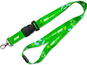 Green seamless rPET lanyard with sublimation print and safety breakaway from AMGS Group.