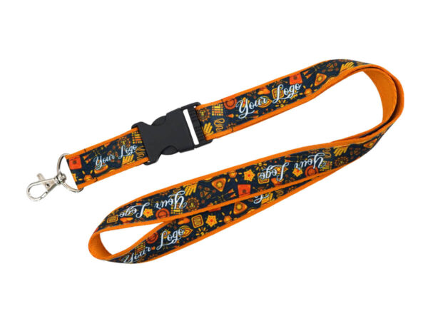 Stitched lanyard with an autumn-inspired design. The connector allows for quick release of keys or an ID badge. Strap available at AMGS Group.