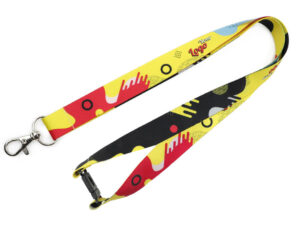 Polyester lanyard with a breakaway cord and sublimation print. The safety breakaway mechanism allows for quick disconnection with a strong tug. AMGS Group.