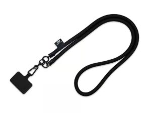 Long black tubular lanyard with metal carabiner and phone adapter featuring the company logo. Available at AMGS Group.