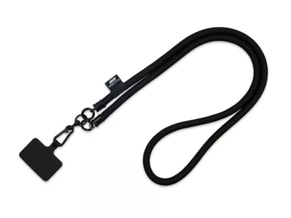 Long black tubular lanyard with metal carabiner and phone adapter featuring the company logo. Available at AMGS Group.