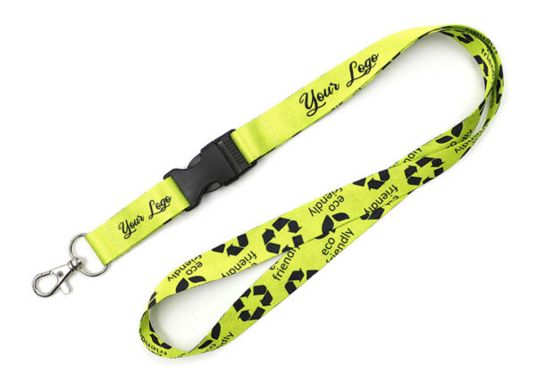 rPet lanyard with a connector, featuring a neon print and eco-friendly text. Available from AMGS Group.