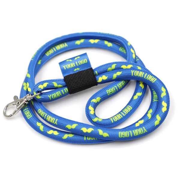 Blue cord-style polyester lanyard with sublimation print from AMGS Group. The lanyard is a great promotional item.