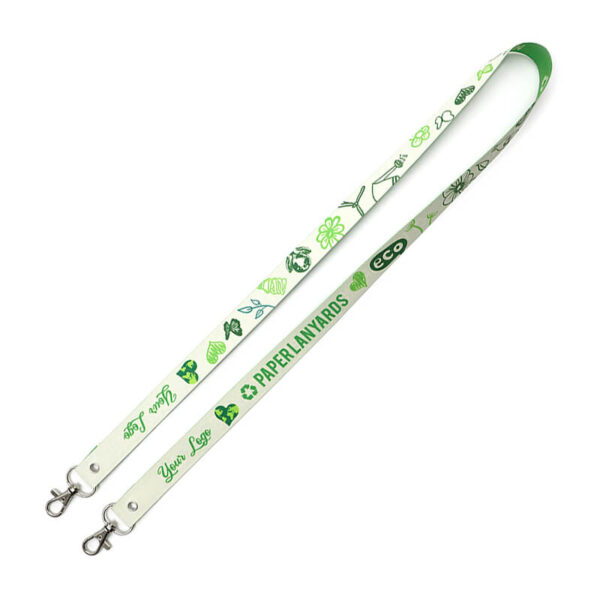 View of two carabiners attached to a washable paper lanyard for stable ID placement and durable sublimation print. Available at AMGS Group.