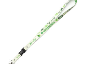 Eco-friendly lanyard made of waterproof paper (washpaper), equipped with a quick-release buckle. Available with single- or double-sided sublimation print. Offered by AMGS Group.
