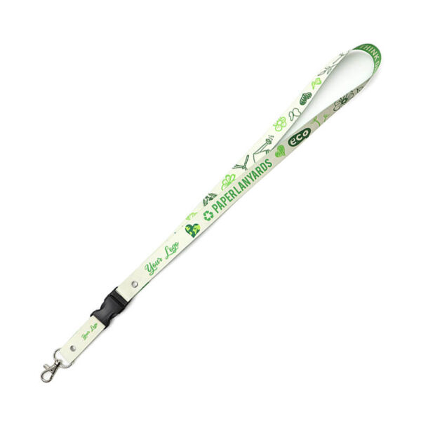 Eco-friendly lanyard made of waterproof paper (washpaper), equipped with a quick-release buckle. Available with single- or double-sided sublimation print. Offered by AMGS Group.
