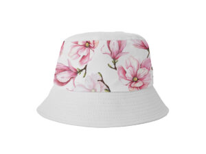 Vibrant floral bucket hat with full-color sublimation branding by AMGS Group.
