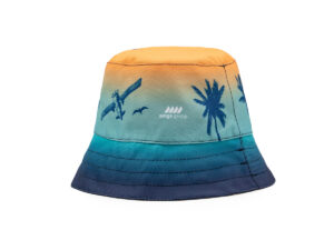 Tropical-themed bucket hat featuring palm trees and customizable branding.
