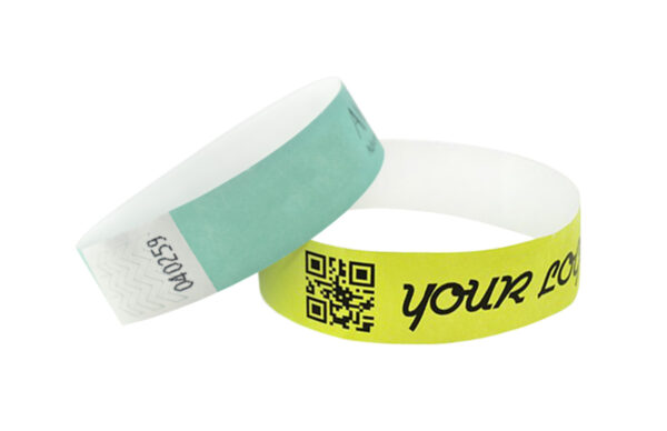 Custom Tyvek Wristband With Logo 19 mm. Customized Tyvek wristbands featuring a QR code and "your logo". Secure ticketing solution. Manufacturer AMGS Group.