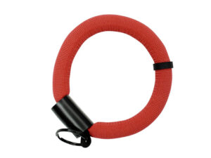 Short floating wrist strap with logo for keys, featuring a print area. Red color with metal black clasp. Available at AMGS Group.