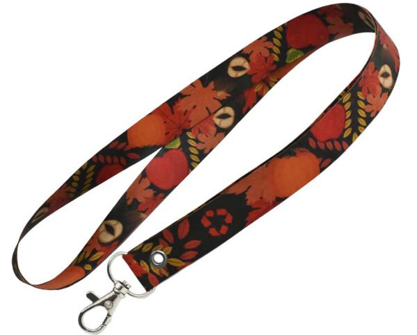 Red custom waterproof paper lanyard with carabiner and single- or double-sided autumn-themed sublimation print. Eco-friendly, washable, and ideal for events. Available at AMGS Group.