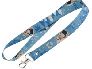 Blue waterproof paper lanyard with single- or double-sided sublimation print in a winter design. Features a single carabiner. A sustainable lanyard with logo, available at AMGS Group.