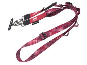 Personalized 5-in-1 multifunctional lanyard with a secure mobile phone holder, metal carabiner, and the option for custom printing in sublimation technology. Available at AMGS Group.