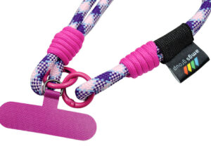 Thick paracord lanyard in a chosen color with phone holder. Adjustable lanyard. Close-up of the fastening and adapter. Available at AMGS Group.