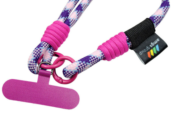 Thick paracord lanyard in a chosen color with phone holder. Adjustable lanyard. Close-up of the fastening and adapter. Available at AMGS Group.