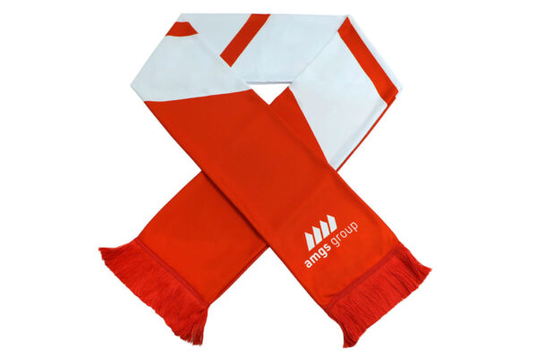 Scarf With Sublimation Print. Custom Sublimation Scarves. Red and white supporters’ scarf with a clear AMGS Group logo and tassels, crossed on a white background.