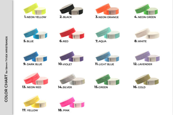 Color chart for 19mm Tyvek wristbands. Overview of 18 available colors for custom printing. Manufacturer AMGS Group.