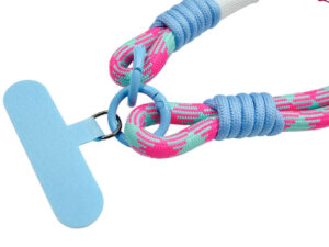 Personalized braided paracord lanyard with phone holder. Adjustable lanyard with a blue phone adapter. Close-up of the knots and attachments. Available at AMGS Group.