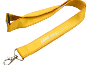 A sewn-on lanyard with a safety breakaway. Featuring a double-layer construction and a breakaway feature, the webbing disconnects with a strong tug. It features a yellow sublimation print. Available from AMGS Group.
