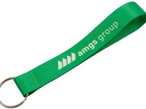 A short green polyester keychain with a metal keyring. A convenient promotional item from AMGS Group.