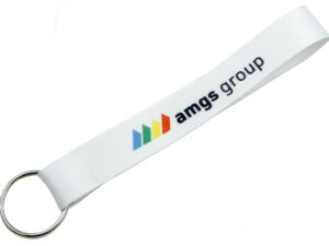 Custom Short Polyester Lanyard with Ring in white with a sublimation print. From AMGS Group.