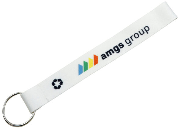 Custom Short rPET Lanyard With Ring. Eco-friendly rPET keychain in a light color, with a printed logo and recycling symbol. Finished with a durable metal ring and high-quality sublimation print. Available exclusively at AMGS Group