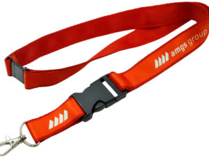 Double-Layer Lanyard With Safety Breakaway And Buckle to facilitate the removal of keys and safety break. Print made using sublimation technology on the upper layer in red. Lanyard available at AMGS Group.