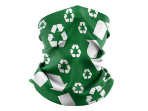 Custom rPET Neck Gaiters. Eco-friendly rPET neck gaiter with green recycling pattern – promotional textile from AMGS Group.