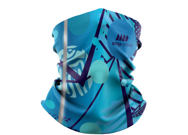 Custom Reflective Neck Gaiters. Multifunctional scarf with print and reflective stripe – front view.