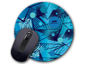 Blue brandedround mouse mat with company logo – round promotional accessory from AMGS Group.